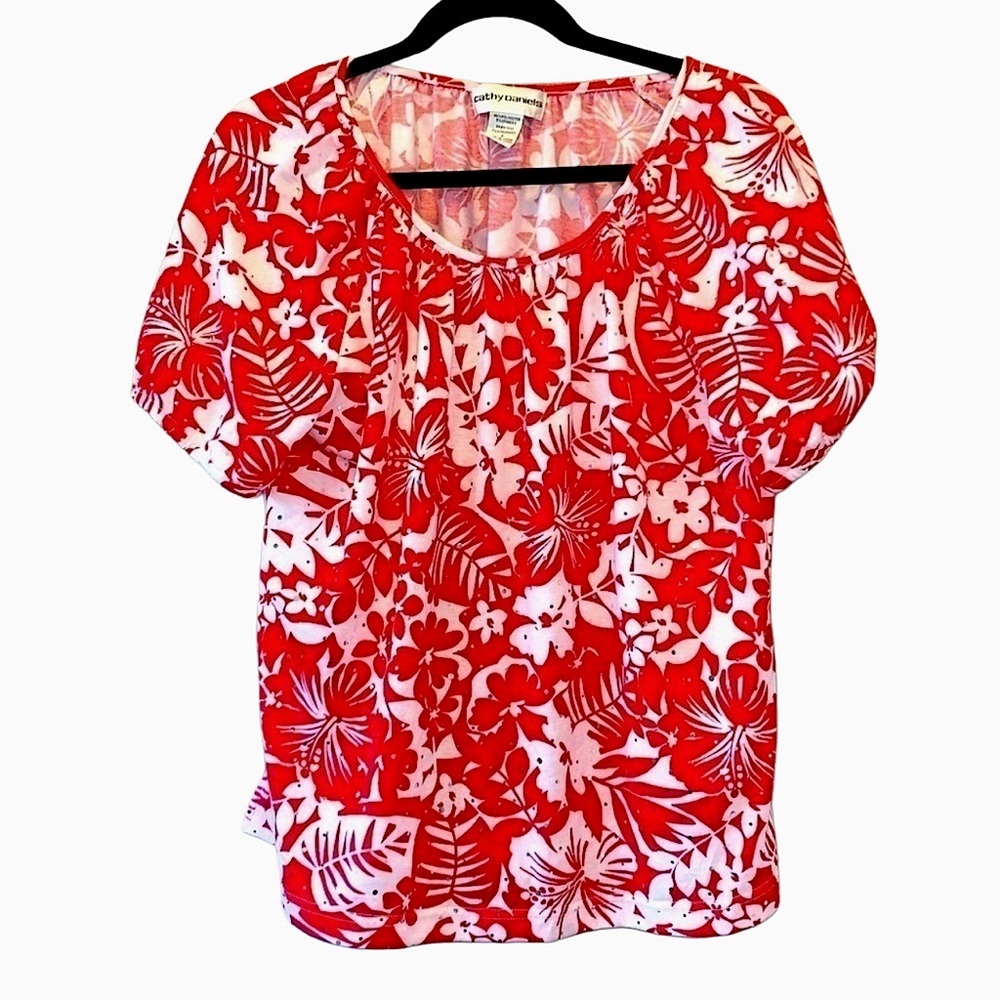 Cathy Daniels Red & White Floral Blouse Size L Short Sleeve Scoop Neck